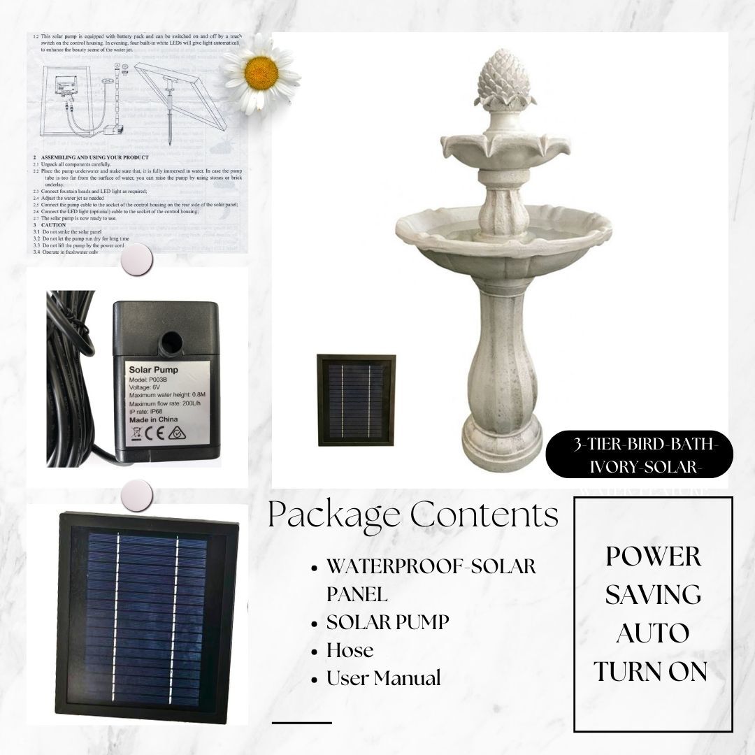 Bird Bath 3 Tier Solar Water Feature Ivory F921B5 - Image 5