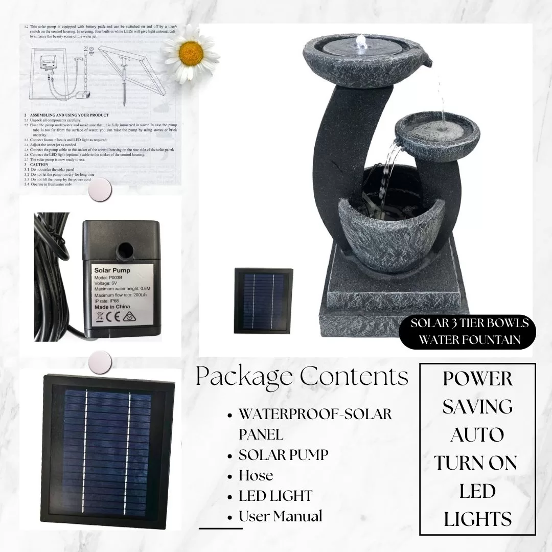 3 Tier Bowls Solar Water Feature Water Fountain in Grey F913B2 - Image 4