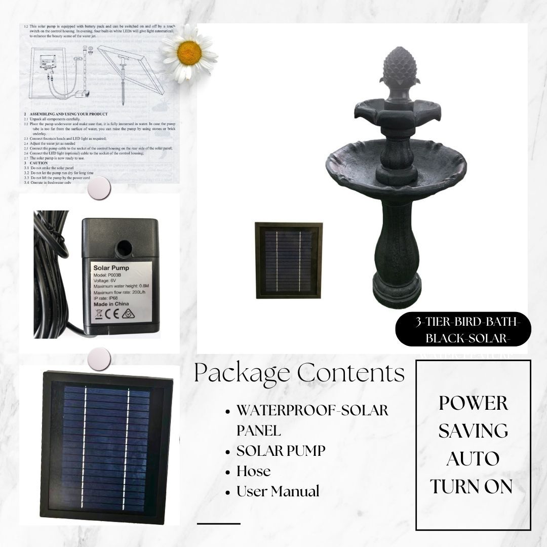 Bird Bath 3 Tier Solar Water Feature Black F921B1 - Image 6