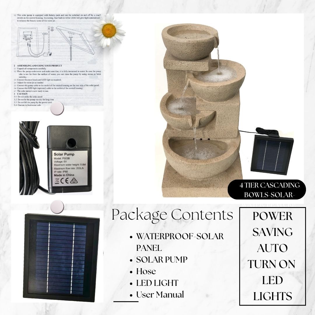 4 Tier Cascading Bowls Solar Water Feature Water Fountain in Brown F996A1 - Image 5
